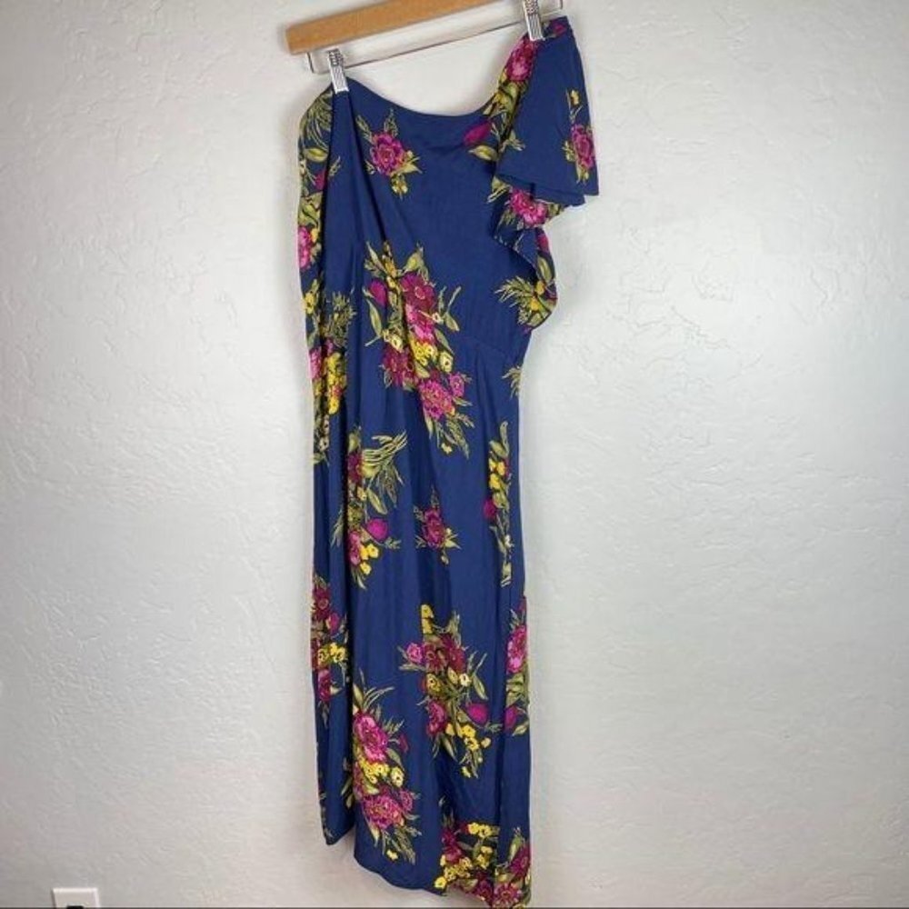 Leith Blue Floral One Shoulder Midi Dress Women's Medium Asymmetrical Flounce - Picture 5 of 7